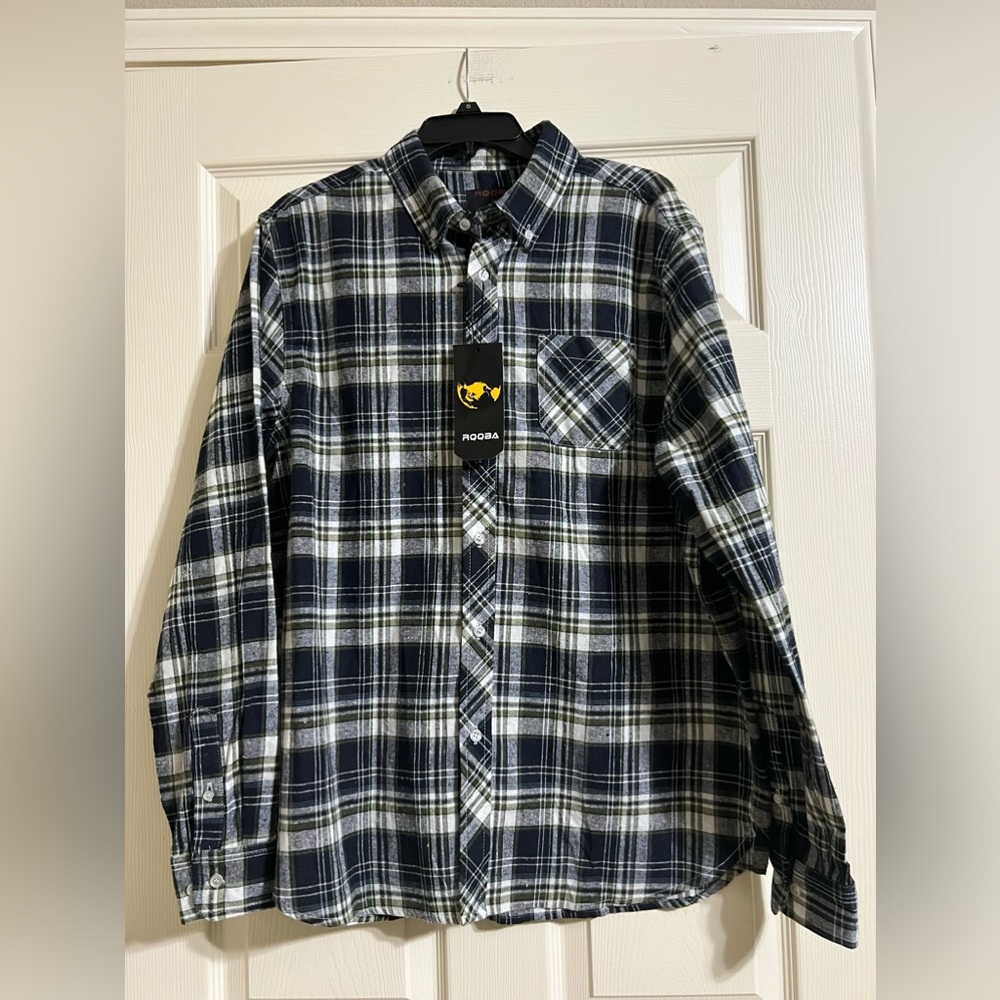 RQQBA Plaid Flannel Shirt Long Sleeve Button Down Blue White Green-Sz Large-NWT